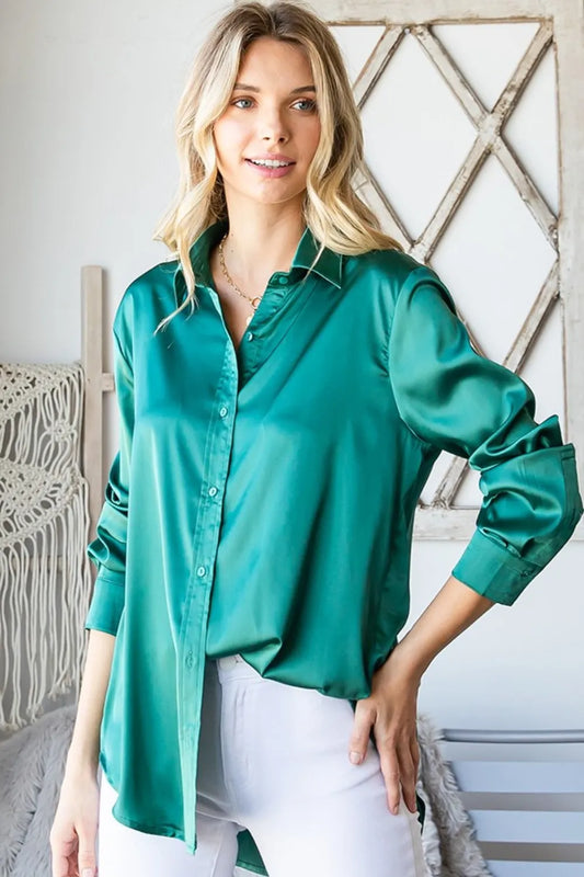 First Love Satin Long Sleeve Button Down Shirt Hunter Green
