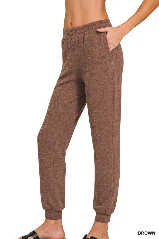 Zenana Cotton Slub Jogger Pants BROWN