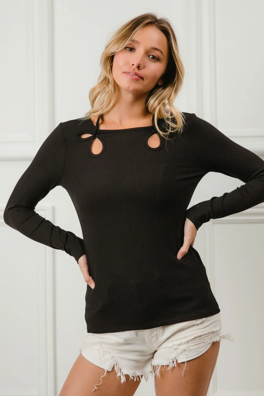 BiBi Rib Knit With Cut Out and Tied Neck Detailed Top BLACK