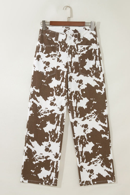 Western Cow Print High Waist Straight Leg Jeans