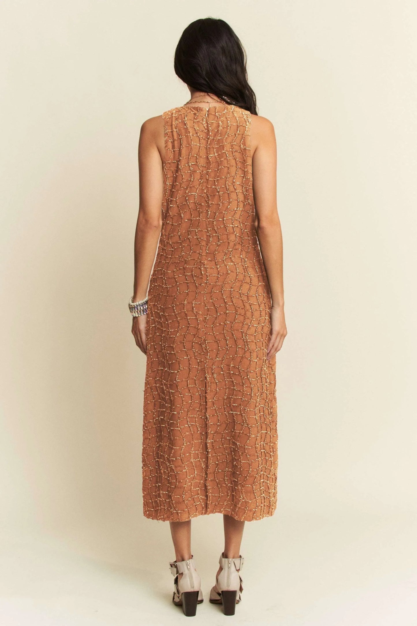 Davi & Dani Golden Textured Zippered Midi Dress