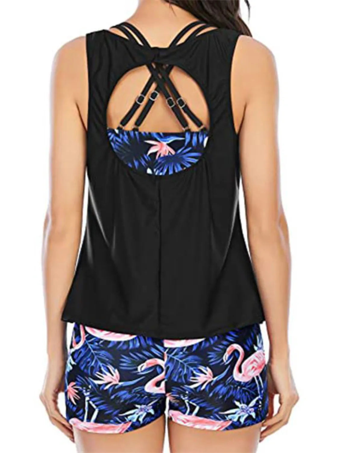 Cutout Printed Round Neck Three-Piece Swim Set Dark Blue