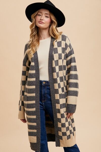 Annie Wear Checkered & Striped Open Front Long Sleeve Cardigan Dark Gray