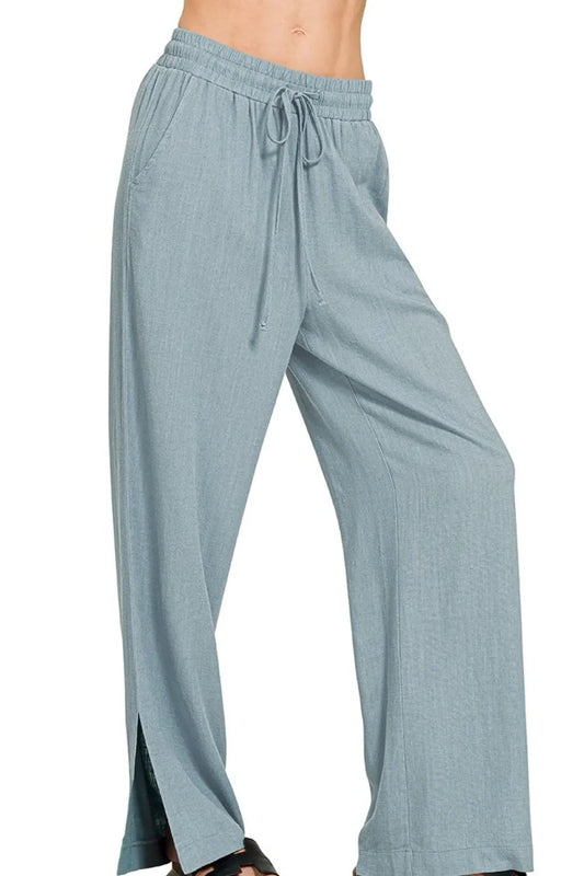 Zenana Linen Drawstring Pants BLUE GREY
