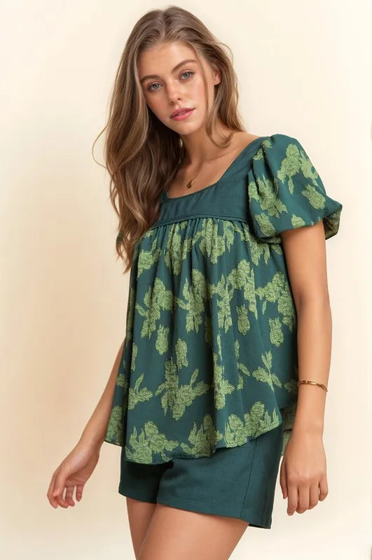 Davi & Dani Nature Printed Square Neck Puff Sleeve Blouse