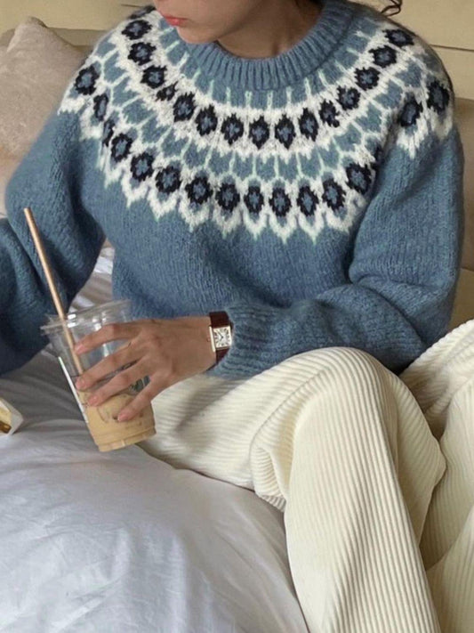 Round Neck Long Sleeve Sweater French Blue