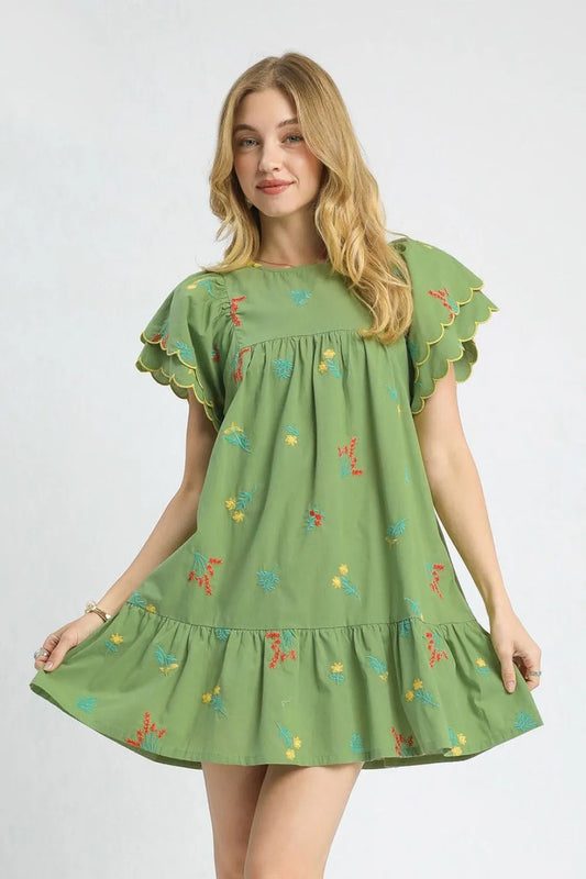 Umgee Floral Embroidered Short Sleeve Mini Dress Matcha Green