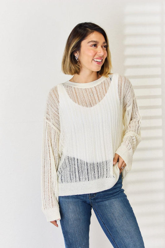 HYFVE Openwork Ribbed Trim Long Sleeve Knit Top WHIP CREAM