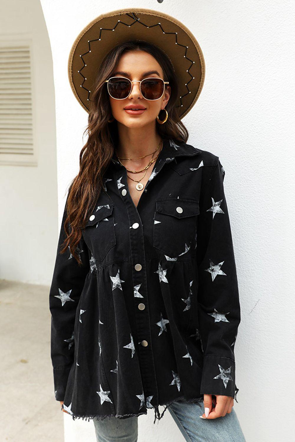 Collared Neck Star Print Long Sleeve Denim Jacket Black
