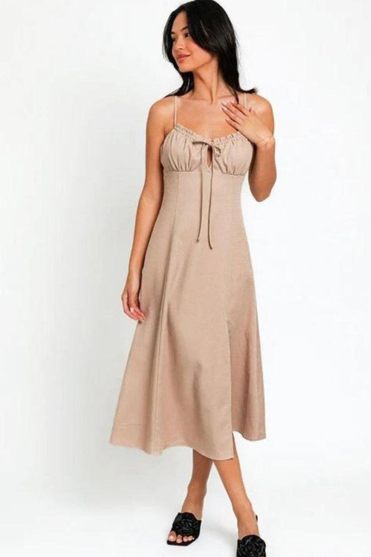 Tasha Apparel Flare Front Tie Front Slit Midi Dress Beige