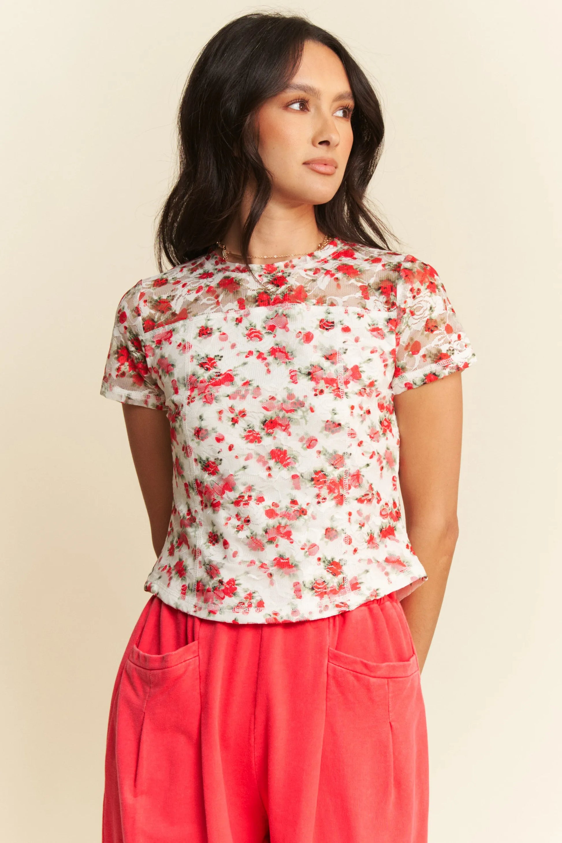 Davi & Dani Ribbon Short Sleeve Layered Mesh Top