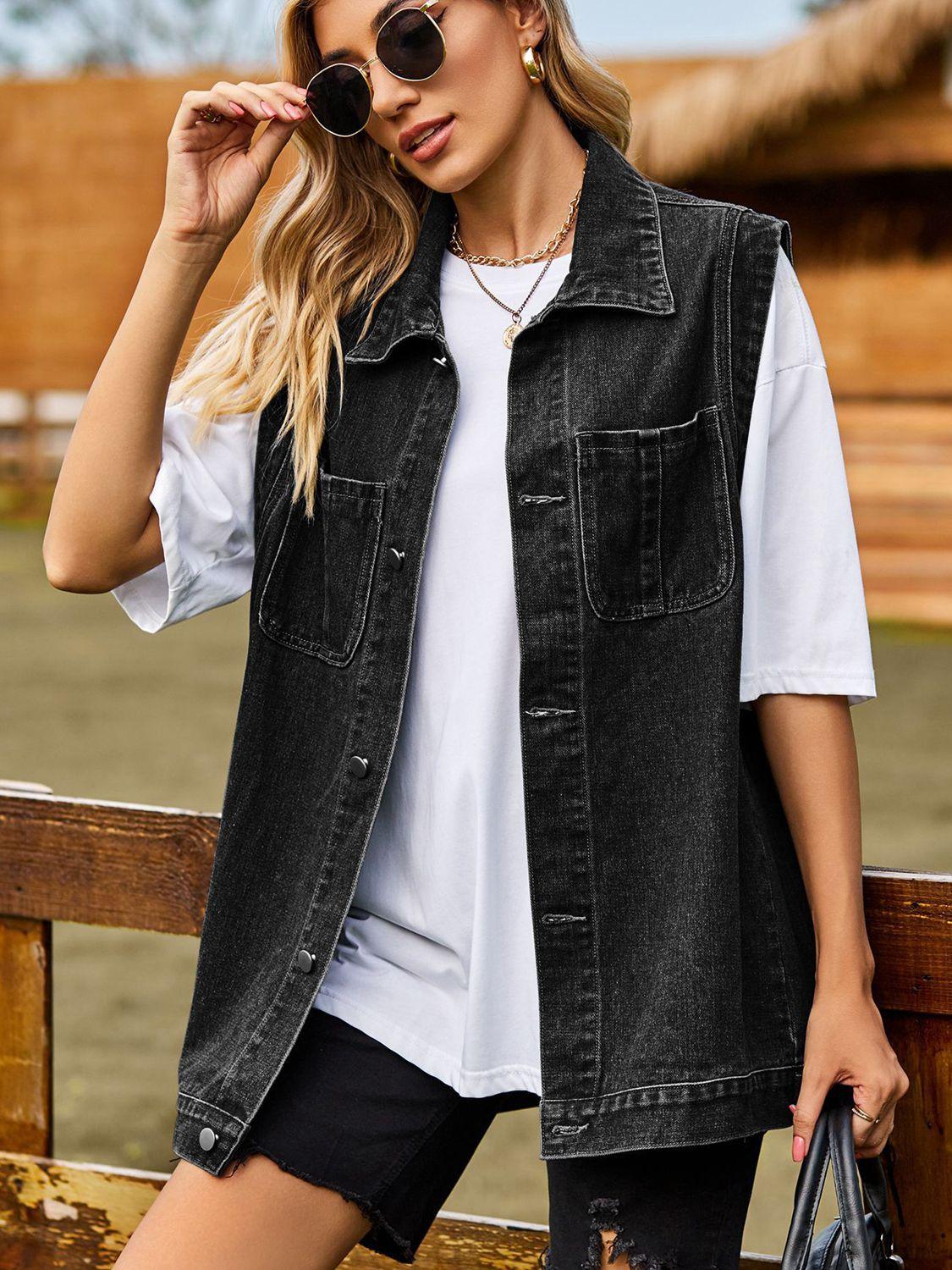 Button Down Denim Vest Dark Gray