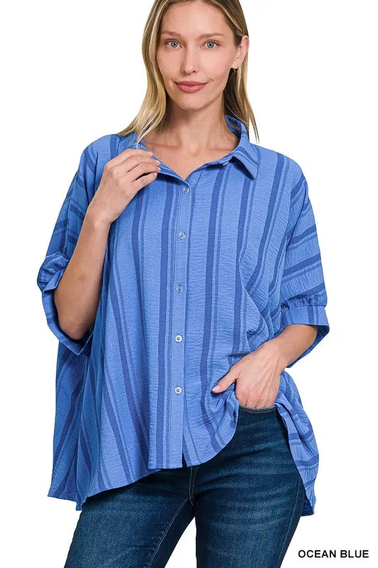 Zenana Woven Yarn-Dye Stripe Oversized Button Down Shirt