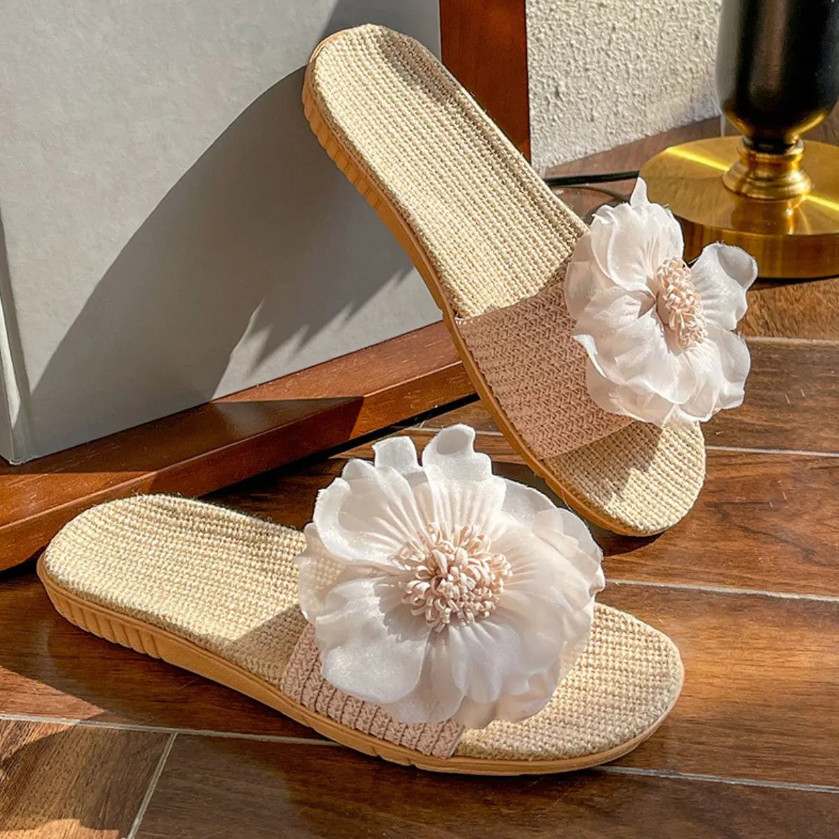 Open Toe Flats Slippers Beige