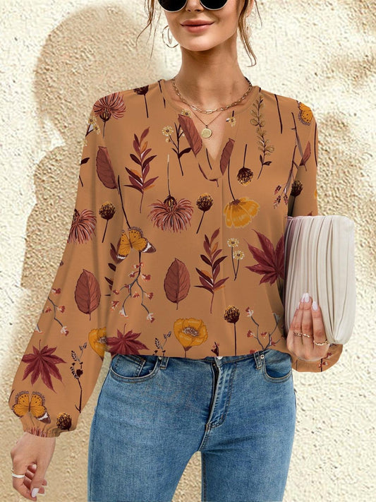 FAM-FAM Printed Notched Long Sleeve Blouse Caramel