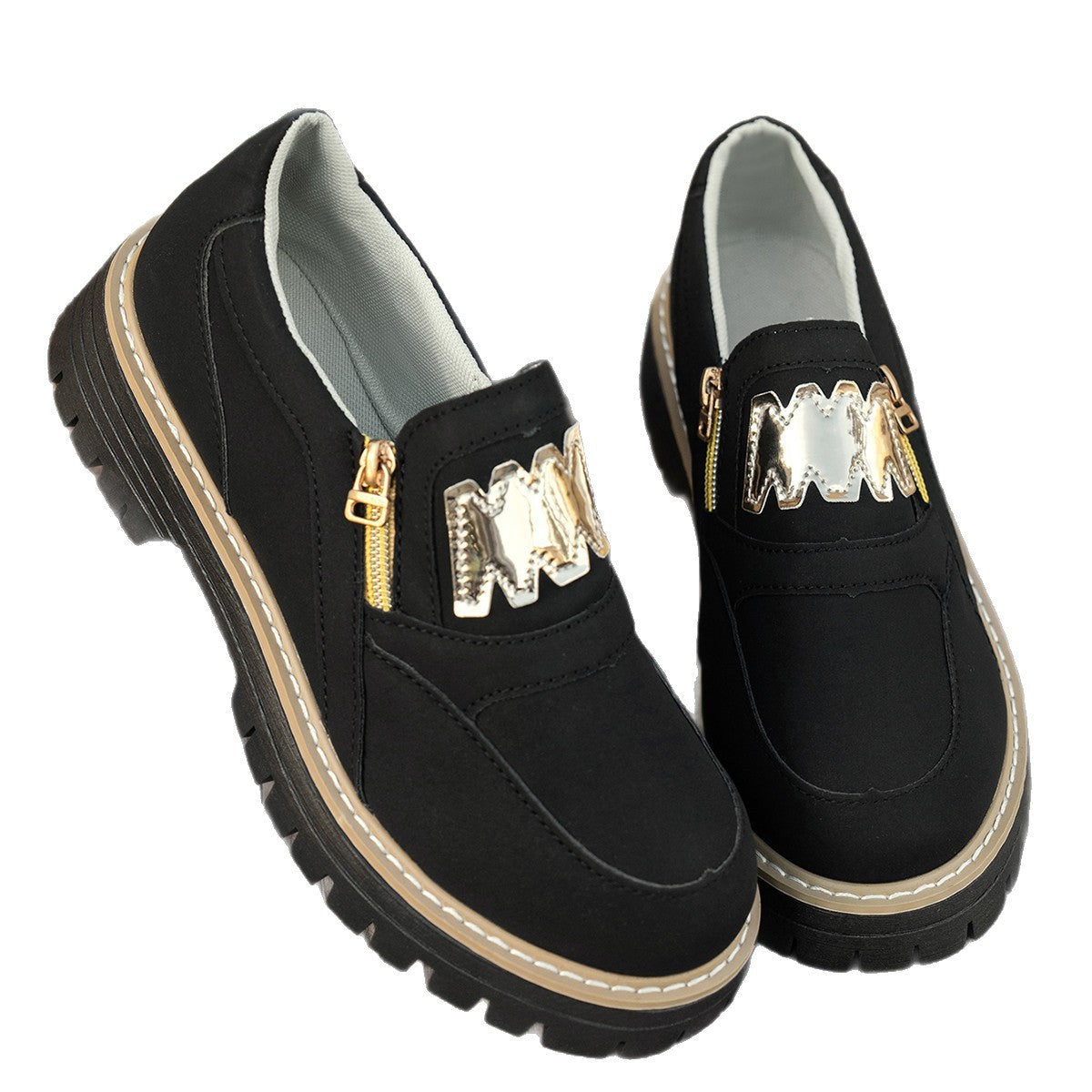 Women's Plus Size Chunky Platform Loafers | Side Zipper Block Heel Shoes