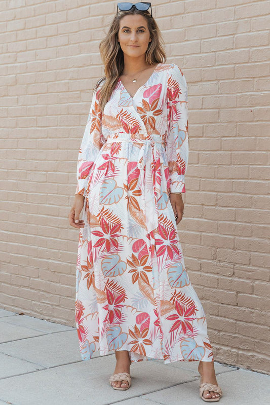 Printed Tie Waist Maxi Dress White