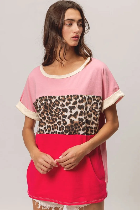BiBi Leopard Printed Jersey Color Block Roll Up PINK FUCHSIA