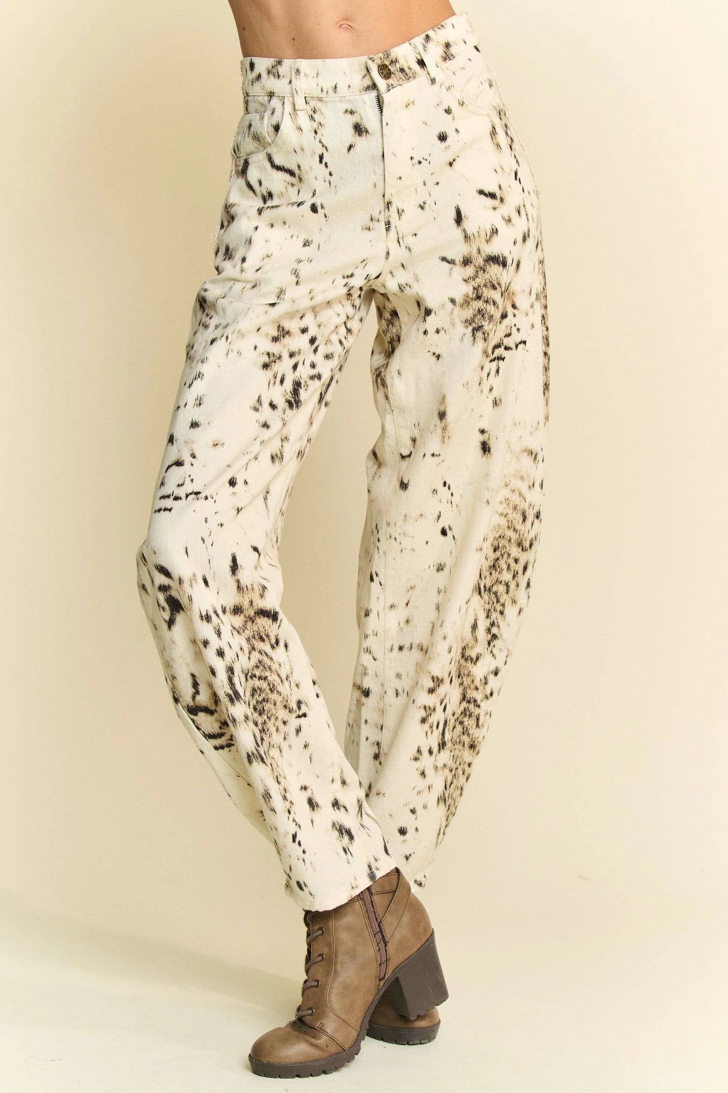 Davi & Dani Abstract Tie Dye Dot Lace Detail Barrel Pants CREAM