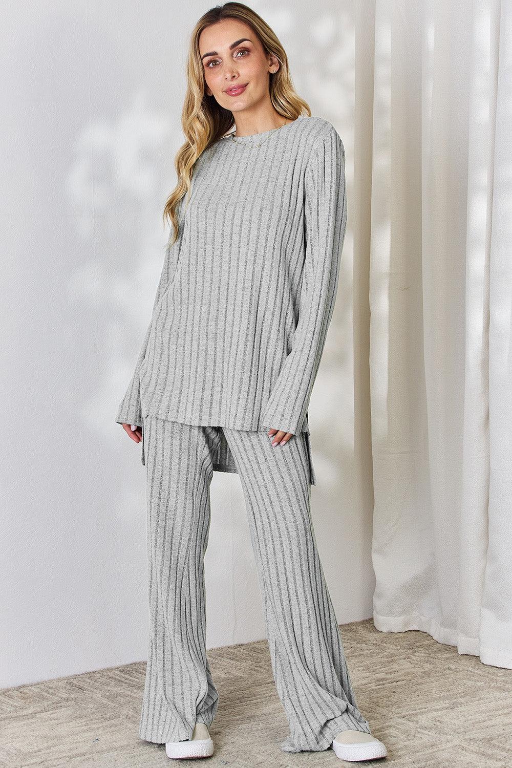 Basic Bae Full Size Ribbed High-Low Top and Wide Leg Pants Set Light Gray