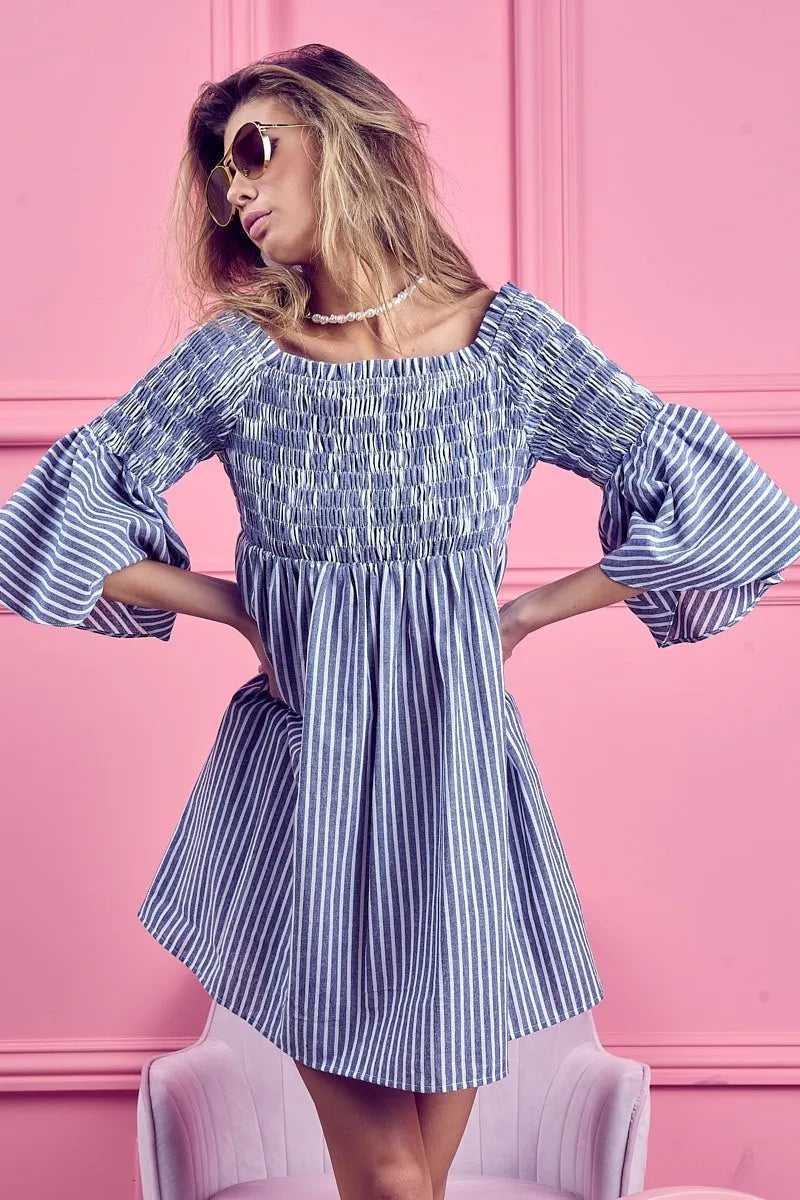 BiBi Smocked Off Shoulder Striped Dress