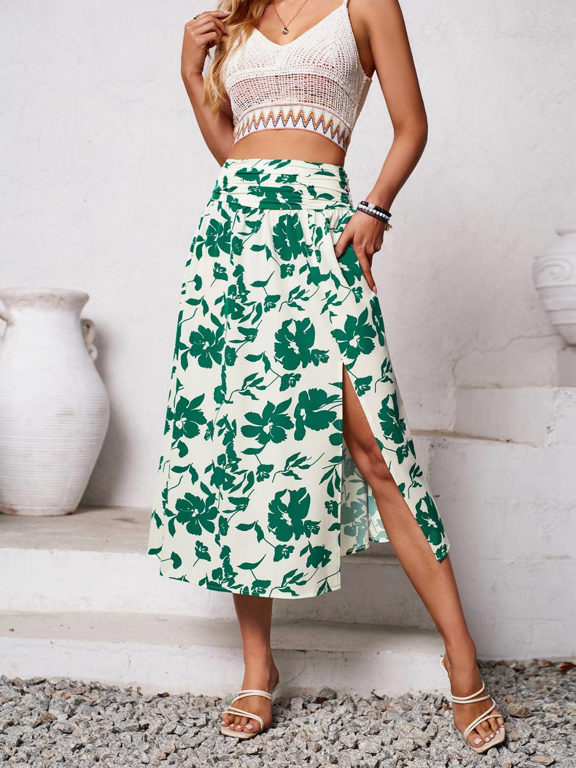 Slit Printed Midi Skirt Mid Green
