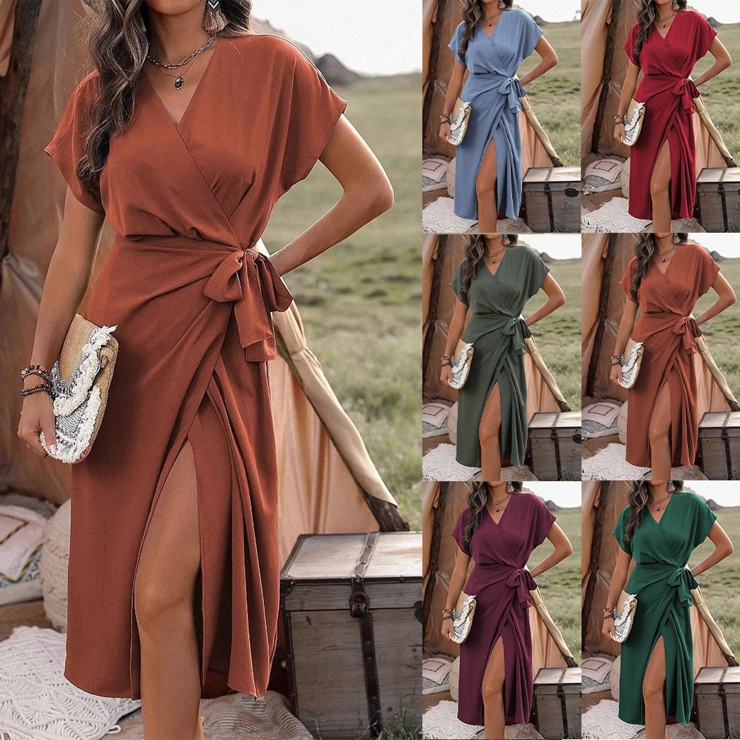 Commuting Fashion Forged Split Women's Solid Color Wrap Suspender Dress
