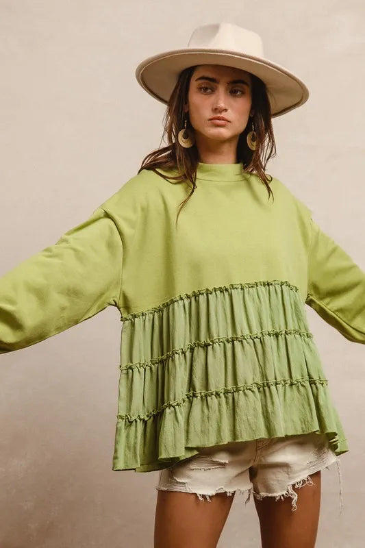 BiBi French Terry and Woven Mixed Tiered Top LT OLIVE