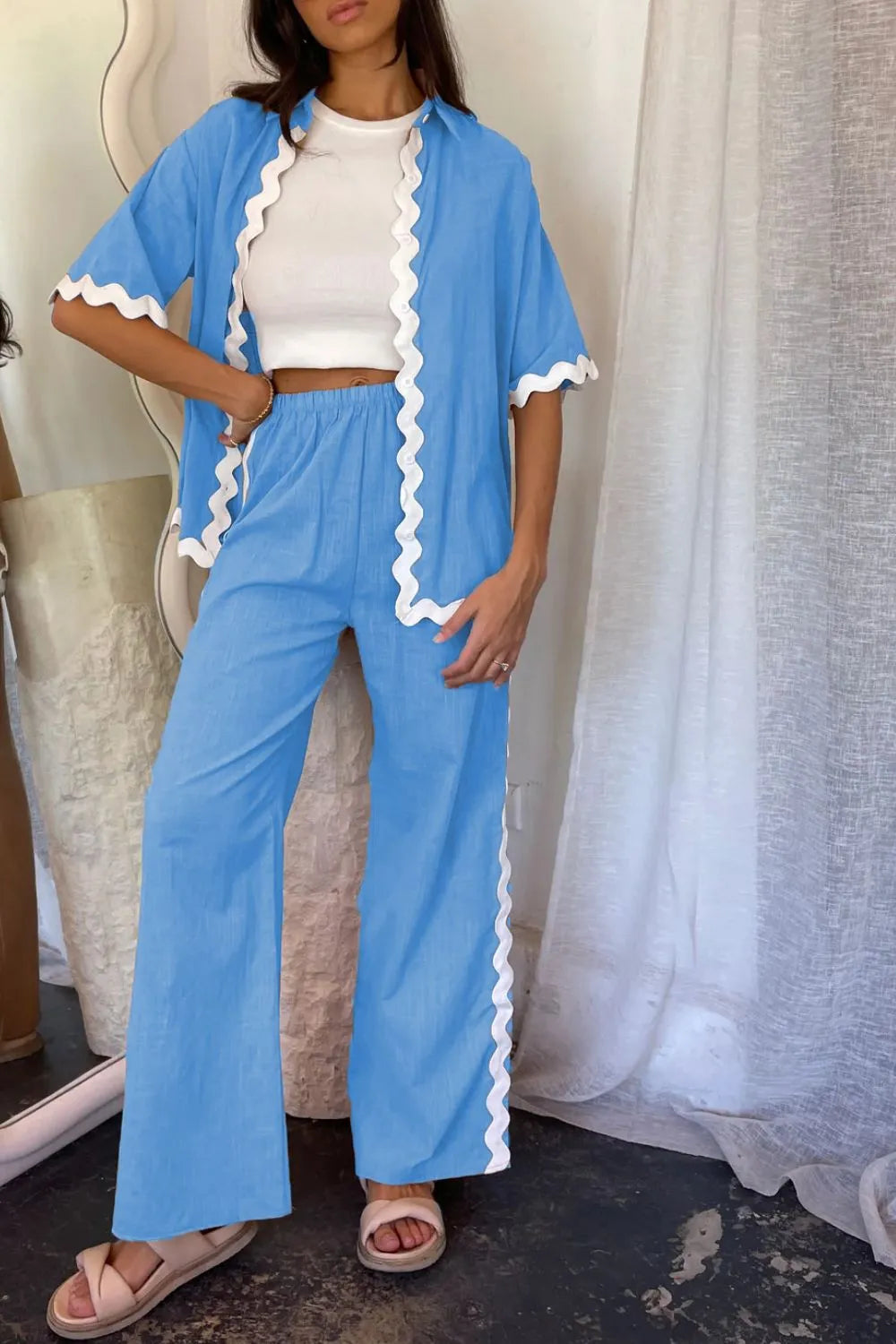 Contrast Trim Half Sleeve Top and Pants Set