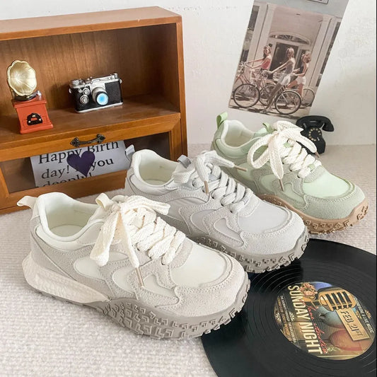 Round Toe Lace Up Platform Athletic Sneakers Light Gray