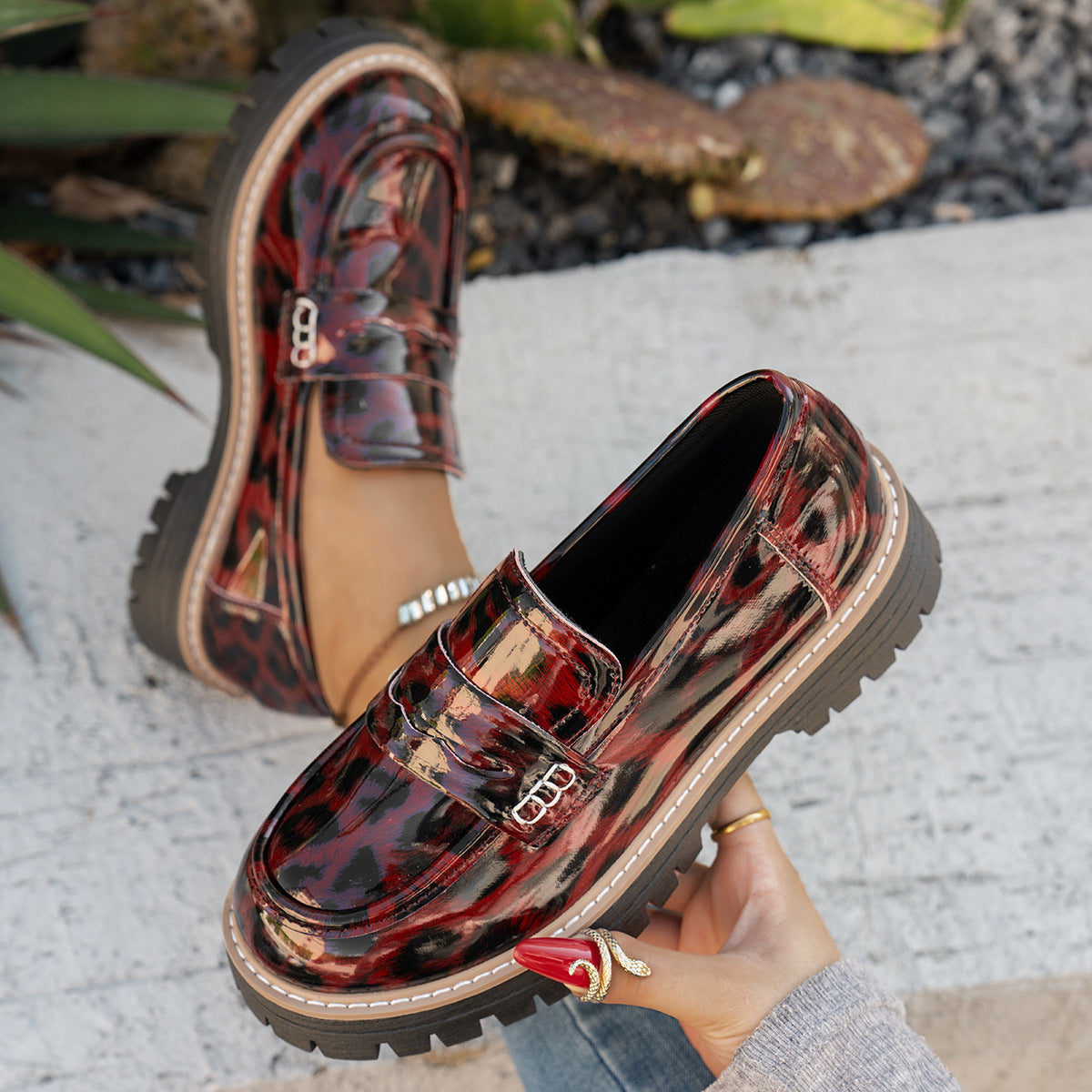 Women's Leopard Print Loafers - Chunky Heel Patent Leather Slip-On Shoes