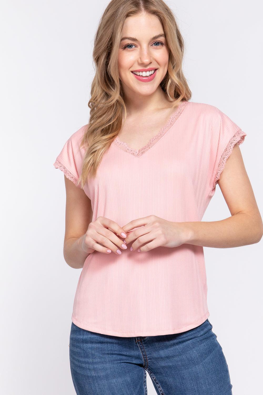 ACTIVE BASIC Lace Trim V-Neck Short Sleeve Ribbed Top PINK