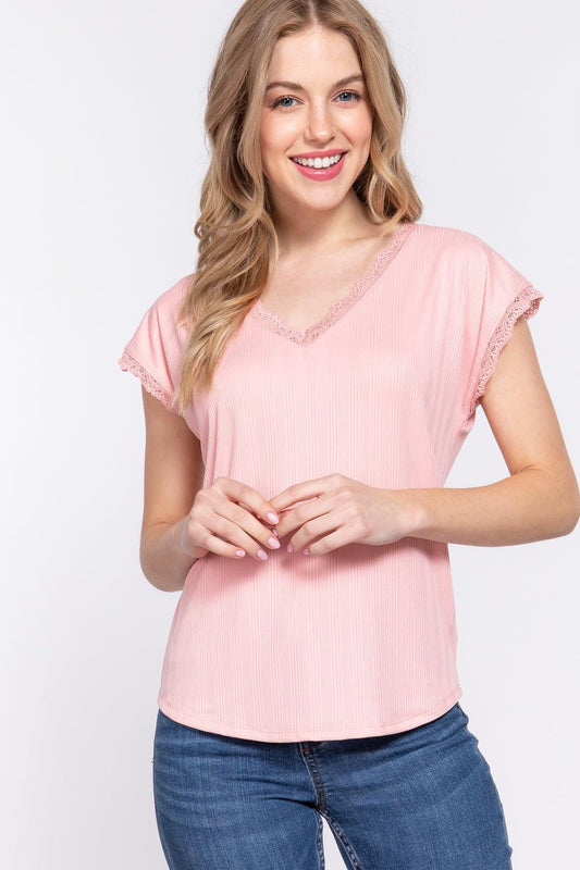 ACTIVE BASIC Lace Trim V-Neck Short Sleeve Ribbed Top PINK