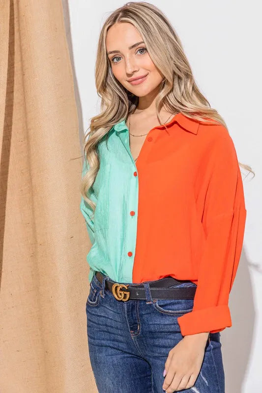 And The Why Color Block Button-Down Casual Shirts
