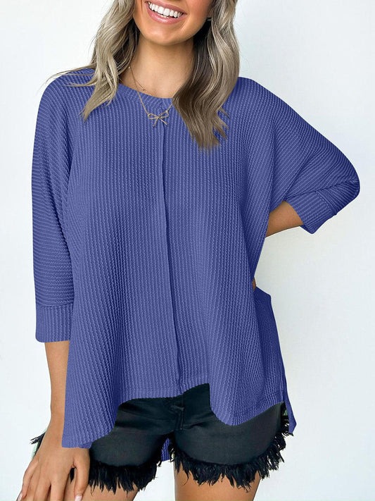 Lovelet Textured Round Neck Three-Quarter Sleeve Blouse Light Indigo