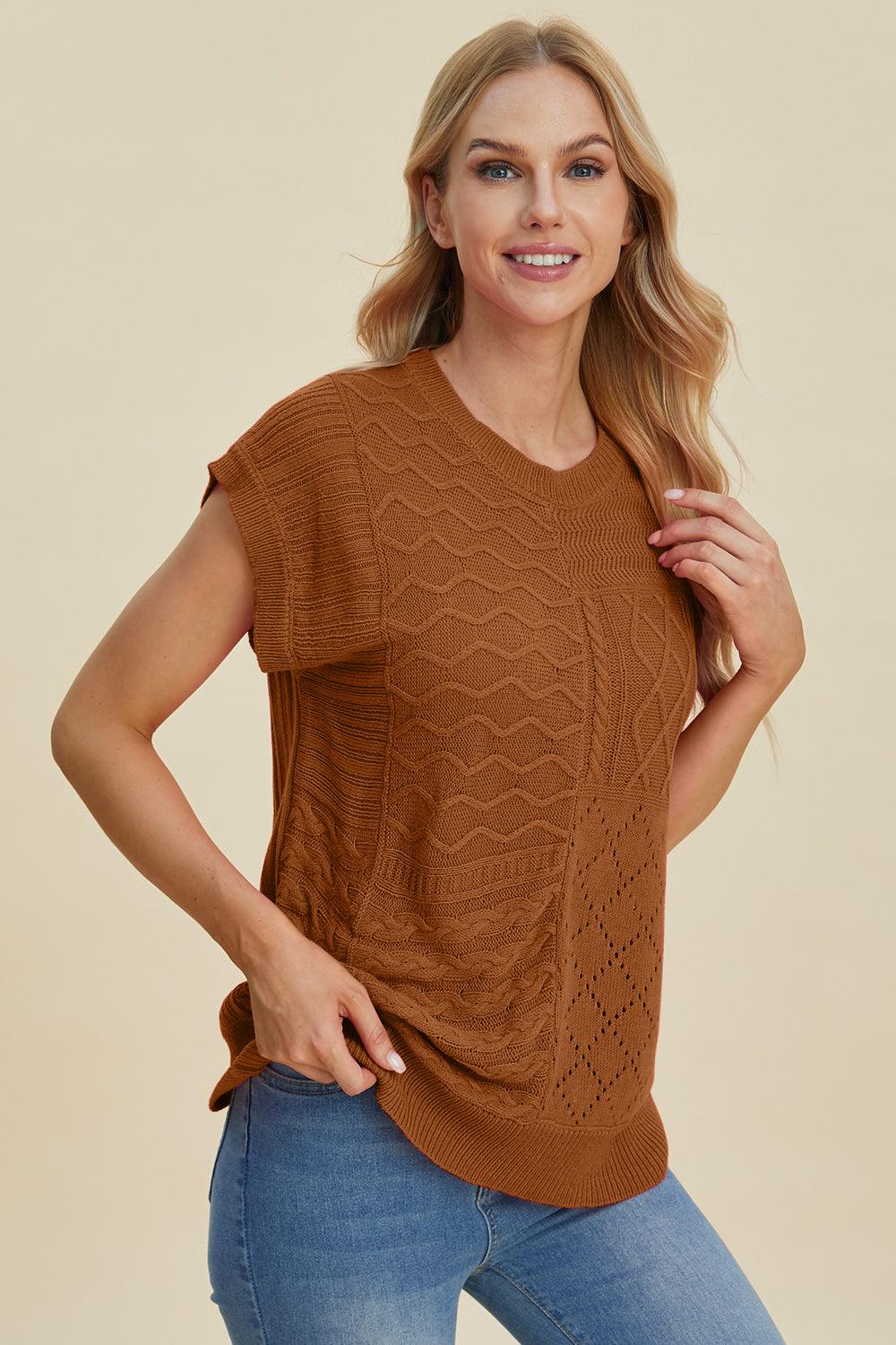 Double Take Full Size Cable-Knit Round Neck Cap Sleeve Sweater Brown