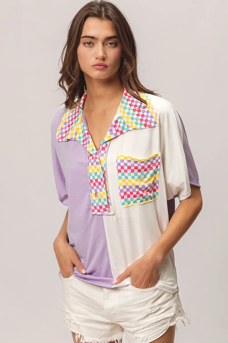 BiBi Color Block Knit with Multi Checker Contrast Top