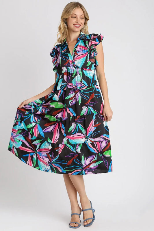 Umgee Full Size Leaf Print Double Layered Ruffle Sleeve Tiered Midi Dress Plus Size BLACKMIX