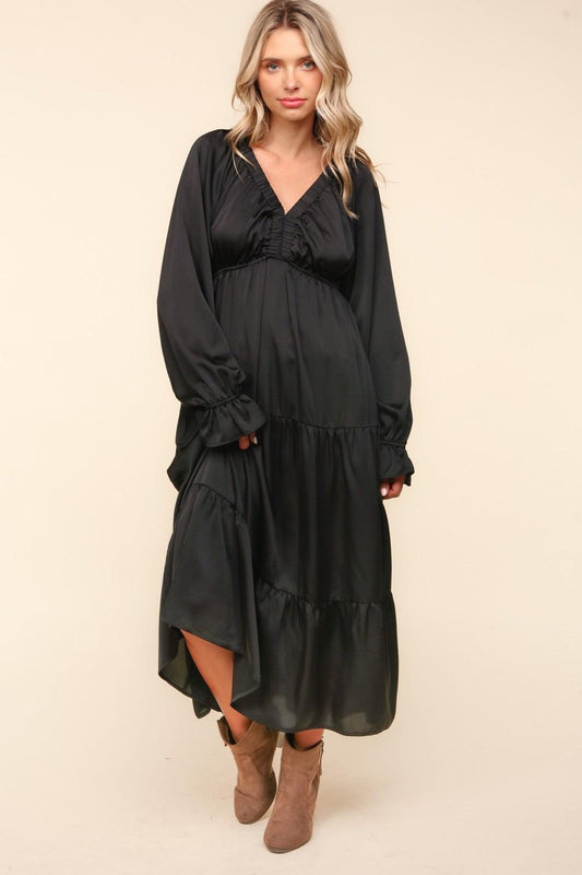 Haptics Flounce Sleeve Tiered Midi Dress with Pockets Black