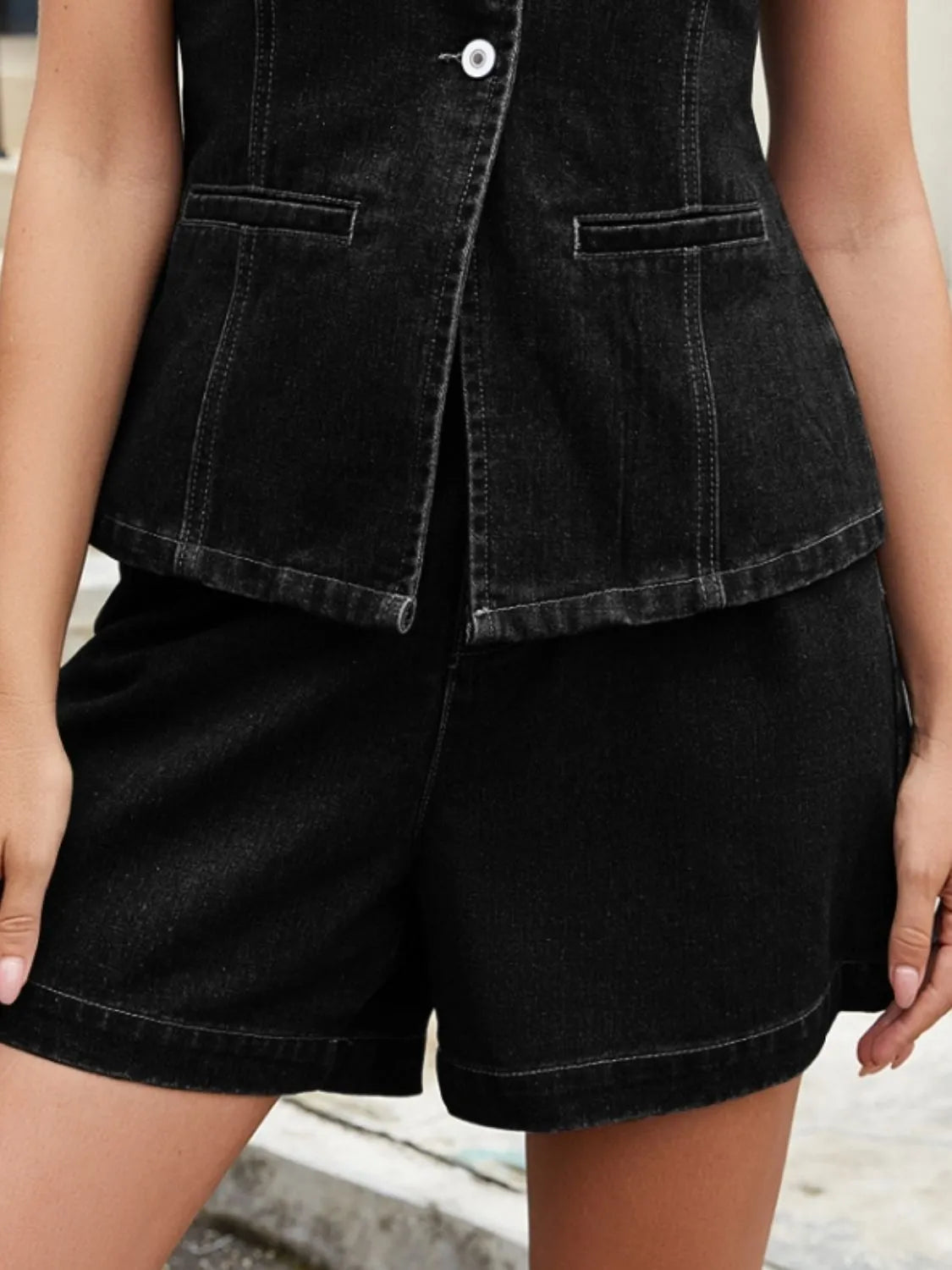 Button Down Vest and Shorts Denim Set Black Shorts