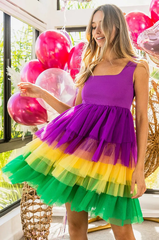BiBi Mardi Gras Color Block Layered Mesh Tiered Dress PURPLE MUSTARD GREEN