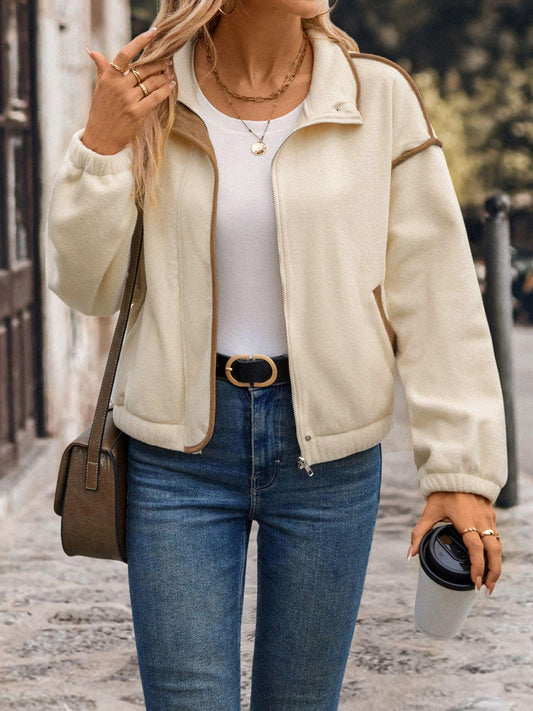 Perfee Zip Up Dropped Shoulder Polar Fleece Jacket Cream