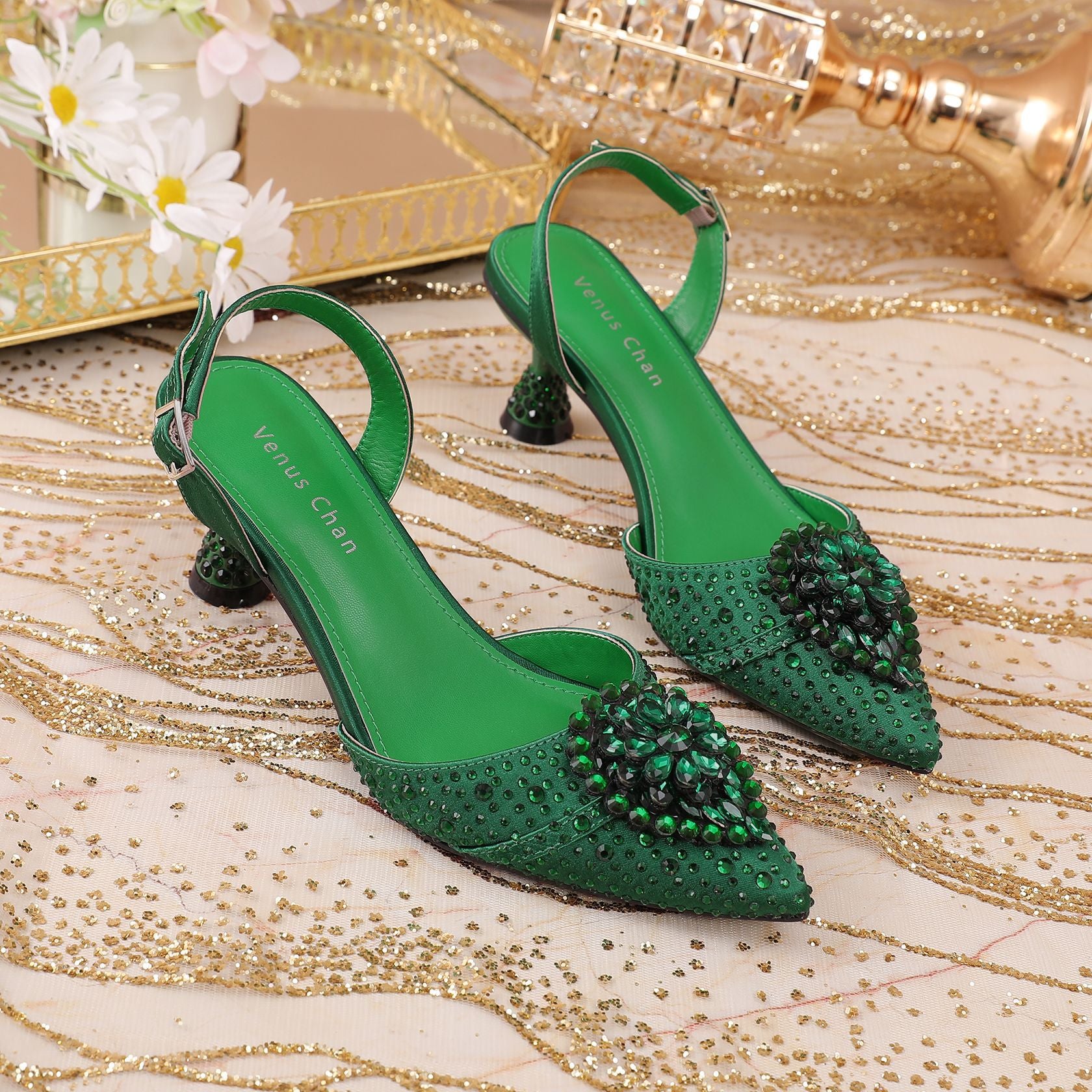 Rhinestone Point Toe Flare Heel Slingback Pumps