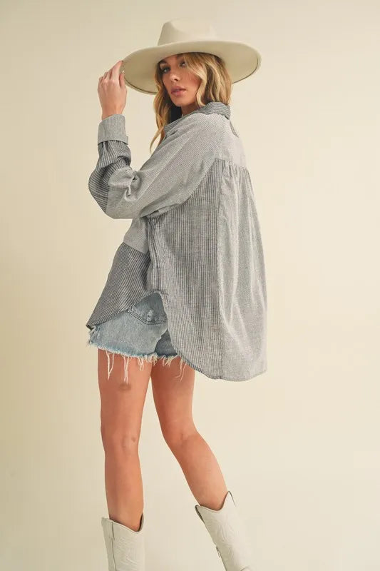 Aemi + Co Striped Collared Neck Lantern Sleeve Shirt