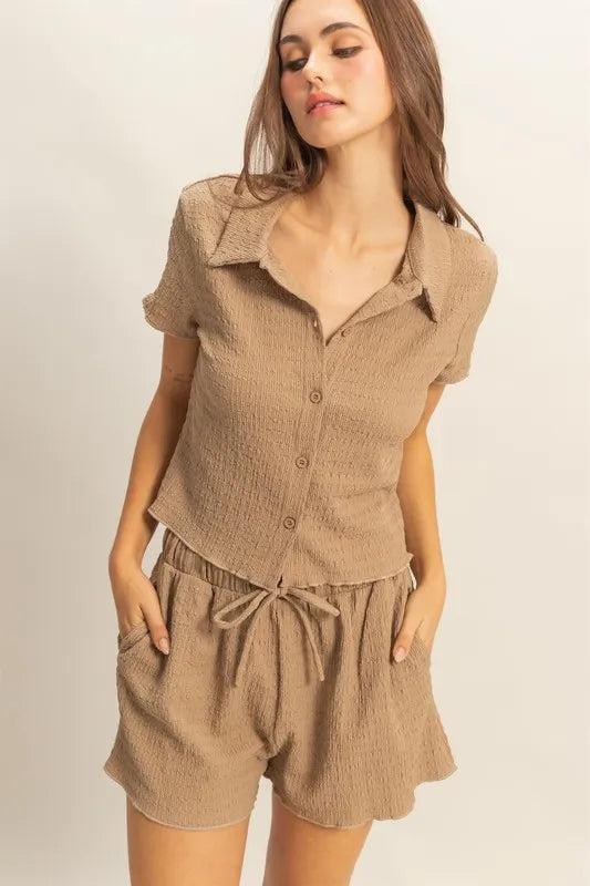 HYFVE Textured Short Sleeve Top and Drawstring Shorts Knit Set Camel