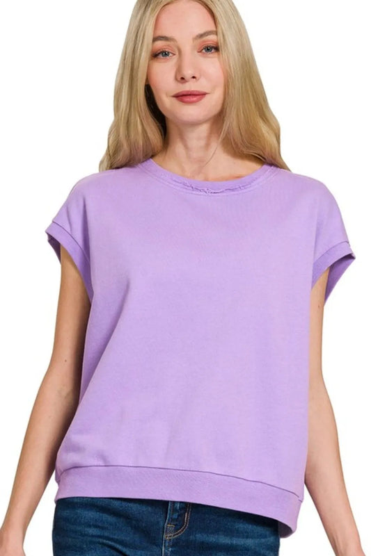 Zenana French Terry Round Neck Cap Sleeve T-Shirt LAVENDER