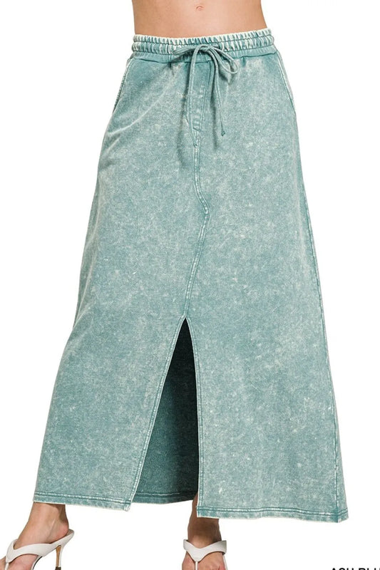 Zenana French Terry Acid Washed Front Slit Long Skirts ASH BLUE