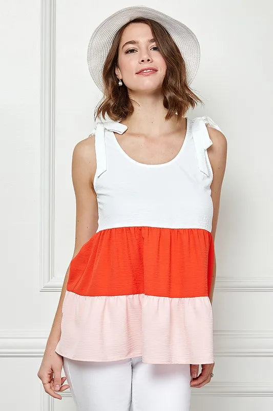 Lime 'N' Chili Color Block Sleeveless Tie Shoulder Babydoll Top CORAL COMBO