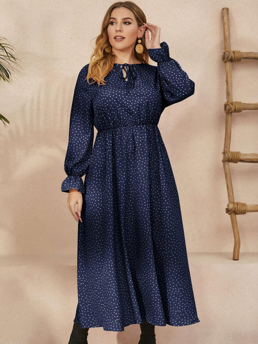 Honey Plus Size Ruffled Polka Dot Long Sleeve Midi Dress Navy