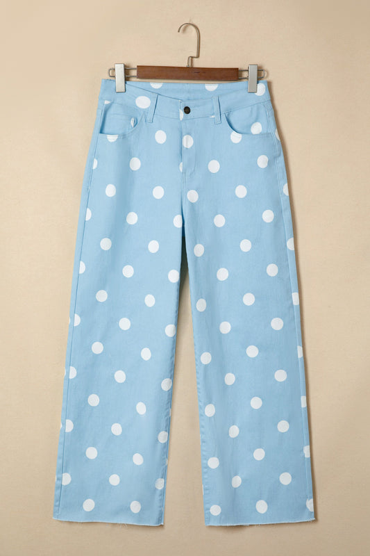 Polka Dot Denim Raw Hem High Waist Jeans